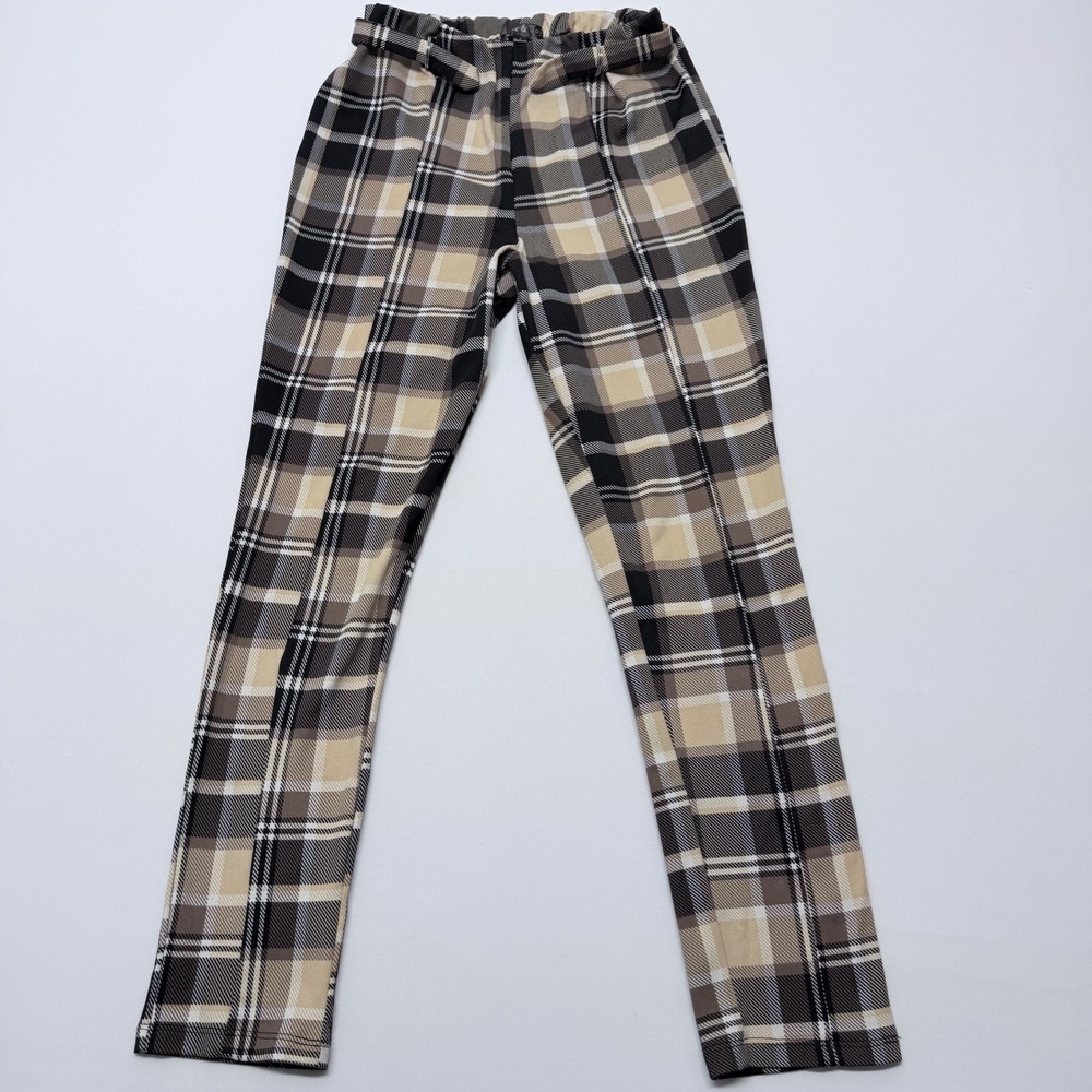 Love & Joy Plaid Slim Trousers Black Tan Elastic Waist D-Ring